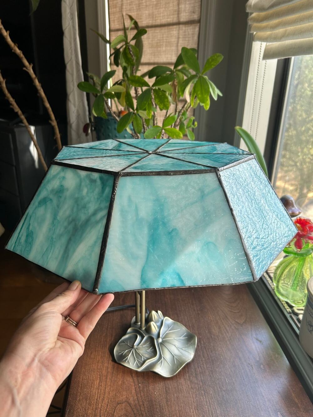 Vintage large faux stained glass lampshade blue white slag 18”